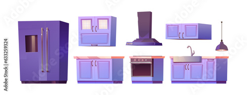 Kitchen interior furniture cartoon vector set with fridge, cupboard, simple equipment and sink isolated clipart on white background. refrigerator and stove inside flat graphic for website or game
