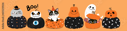 Happy halloween greeting card with cute cat, ghost and decorated pumpkin. Holidays cartoon character. -Vector