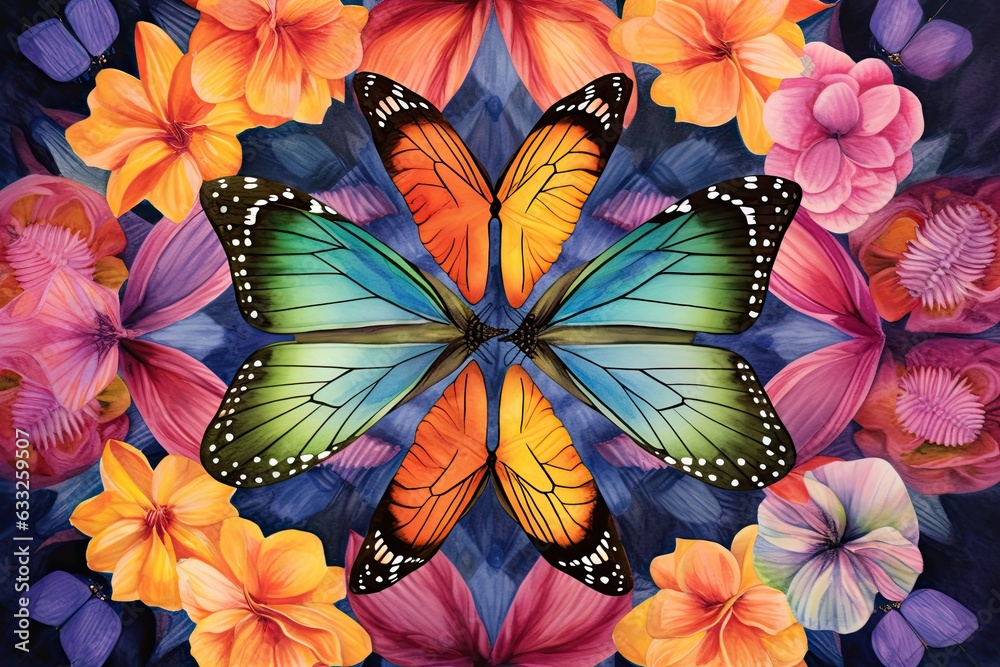 Graceful Butterflies Fluttering Amidst a Kaleidoscope of Blossoms: Mesmerizing Rainbow Shades on Vibrant Wings, generative AI Graceful Butterflies Fluttering Amidst a Kaleidoscope of Blossoms: Mesmerizing Rainbow Shades on Vibrant Wings, generative AI