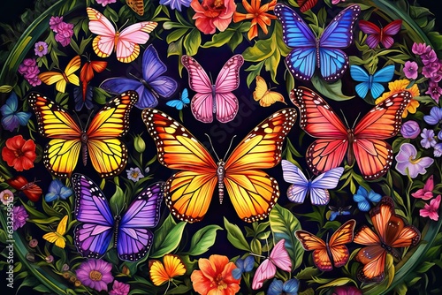 Graceful Butterflies Fluttering Amongst a Kaleidoscope of Blooms: Spectacular Rainbow-Hued Winged Beauty, generative AI © Trista