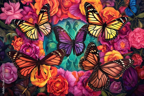 Graceful Butterflies Fluttering Amongst a Kaleidoscope of Blooms: A Dazzling Rainbow of Painted Wings, generative AI © Trista