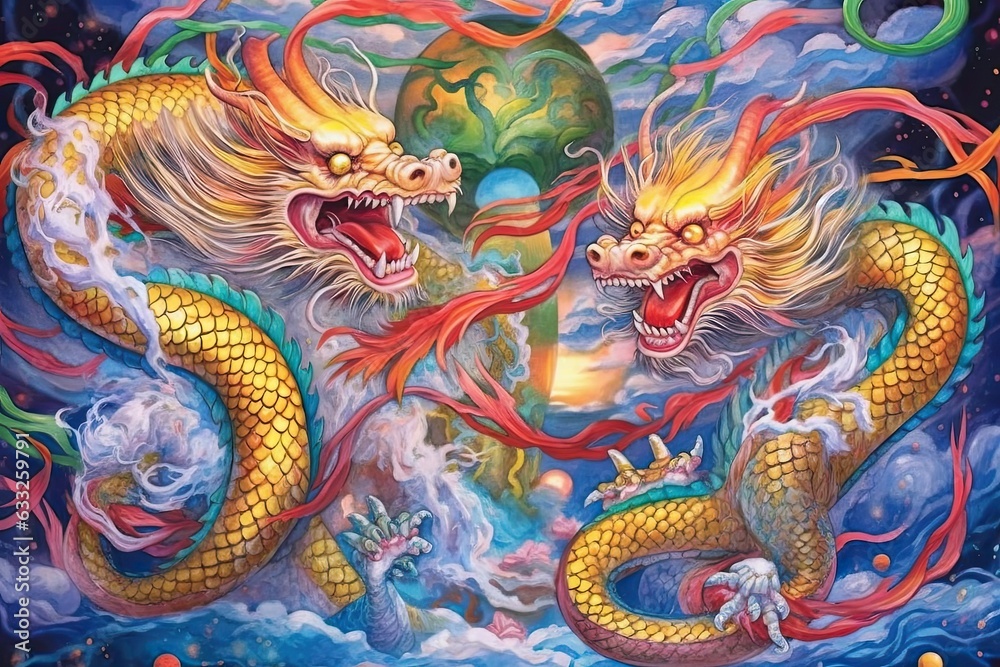 Chinese Dragon Drawing: A Glimpse into Celestial Serpents - Awash with Mythical Aura, Vibrant Colors, and Festive Parade Dancing, generative AI