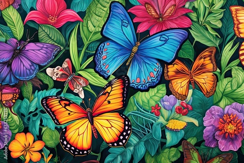 Whimsical Wings  Butterflies Fluttering Among Lush Garden Blooms in a Magical Tapestry  generative AI