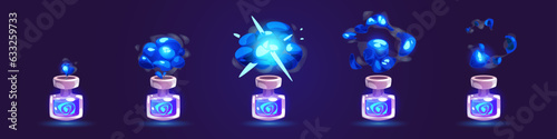Blue game elixir bottle with cloud animation sprite isolated on background. Potion glass jar with chemical explosion vector 2d set. Witchcraft medication flask with spell evaporation effect and glow