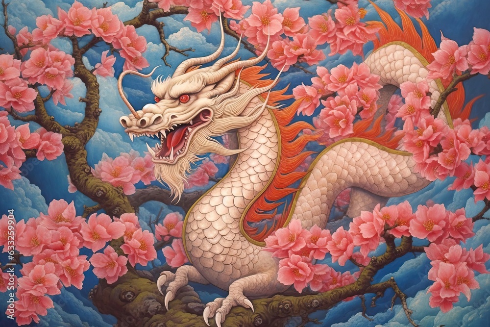 Fototapeta premium Cherry Blossoms and Shimmering Colors: Embracing the Enchantment of Chinese Dragon Drawings, generative AI