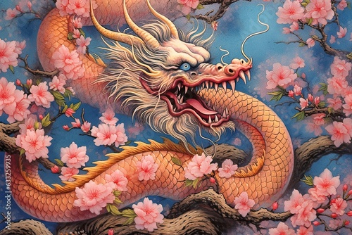 Enchanting Chinese Dragon: Scale Colors Shimmering in Harmony Amidst Cherry Blossoms, generative AI