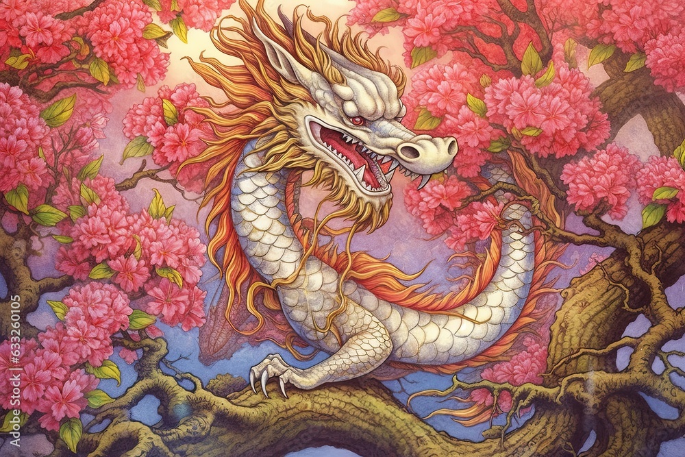 Fototapeta premium Enchanting Chinese Dragon: Dancing Amidst Cherry Blossoms with Rainbow Scales Gleaming in the Sunlight, generative AI