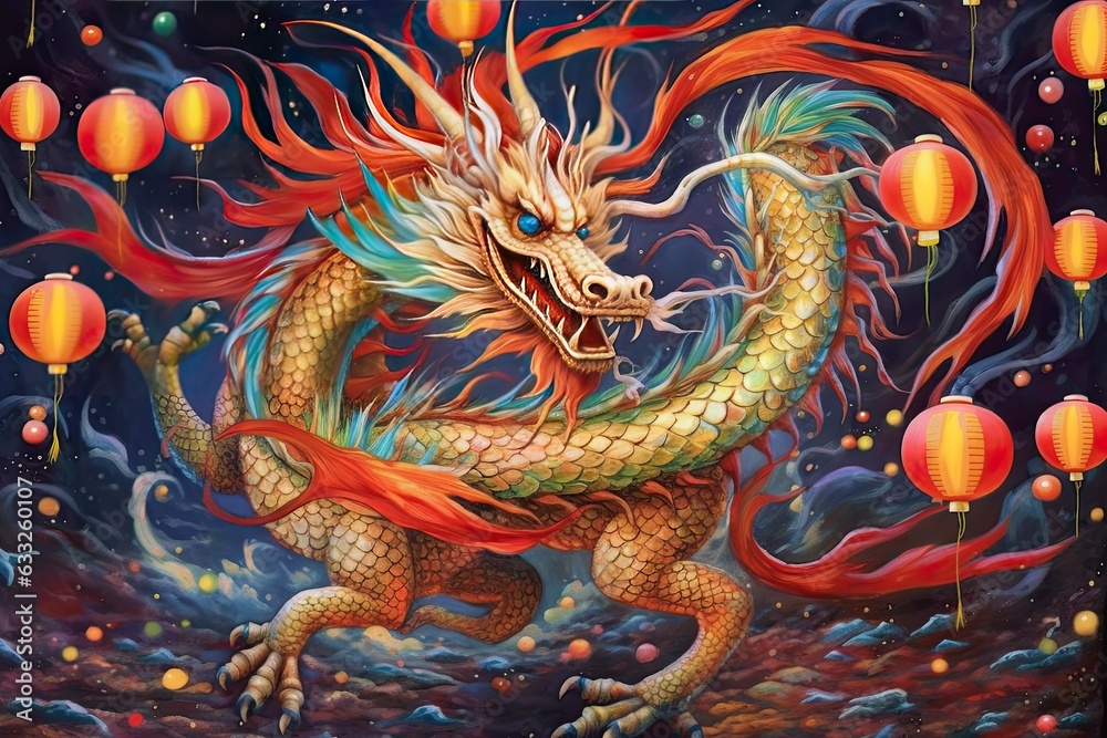 Obraz premium Enchanting Chinese Dragon Dance Amidst Festive Lanterns: A Spectacle of Harmonizing Scale Colors and Light, generative AI