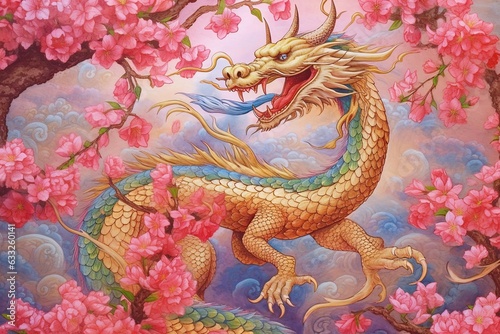 Enchanting Chinese Dragon Dancing Amidst Cherry Blossoms: A Rainbow-Scaled Masterpiece, generative AI © Trista