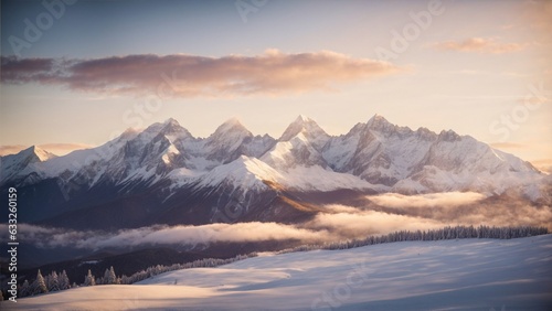 Majestic snow-cloaked peaks: a mountain range stands regal, adorned with a delicate blanket of snow, a serene wintry spectacle.
