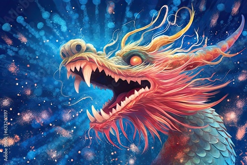 The Enchanting Chinese Dragon Festival: Illuminating the Night Sky with Lanterns and Fireworks, generative AI © Trista