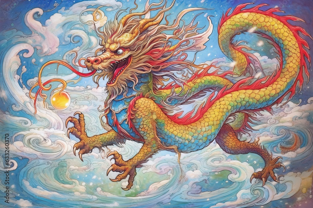 Obraz premium Enchanting Chinese Dragon: Gliding Amidst Festive Celebration with Harmonious Splendor of Scale Colors, generative AI