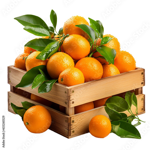 Mandarins Citrus reticulata with green leaves in a wooden box generative AI photo