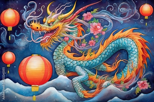 Enchanting Chinese Dragon Gliding Amidst Festive Lanterns: A Colorful Symbol of Power and Luck, generative AI