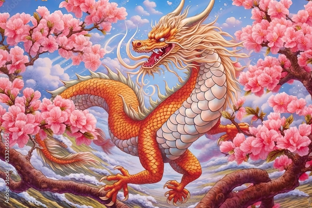 Graceful Chinese Dragon Dancing Amidst Cherry Blossoms: A Vibrant Display of Rainbow Scales, generative AI Graceful Chinese Dragon Dancing Amidst Cherry Blossoms: A Vibrant Display of Rainbow Scales, generative AI