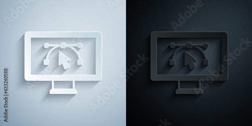 Paper cut Computer display with vector design program icon isolated on isolated on grey and black background. Photo editor software with user interface. Paper art style. Vector