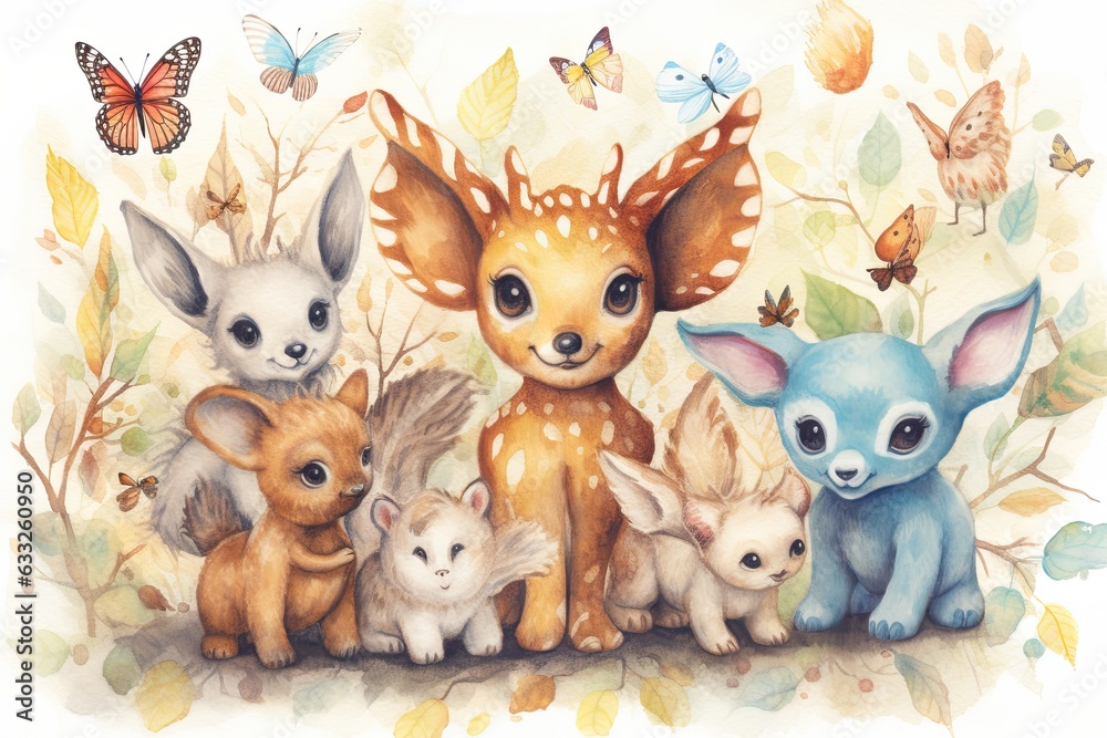 Naklejka premium Whimsical Wonderland: Playful Baby Animals Frolicking in a Delightful and Joyful World of Cute Animal Drawings, generative AI