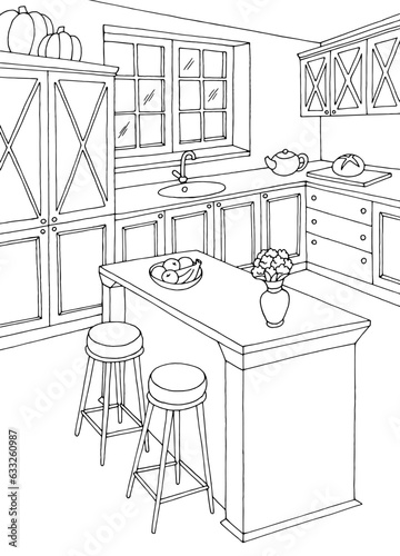 Kitchen room graphic black white home interior sketch illustration vector 