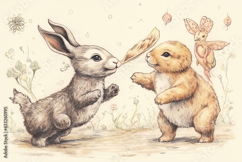 Playful Baby Animals Frolicking: Cute Animal Drawings in a Joyful Wonderland, generative AI