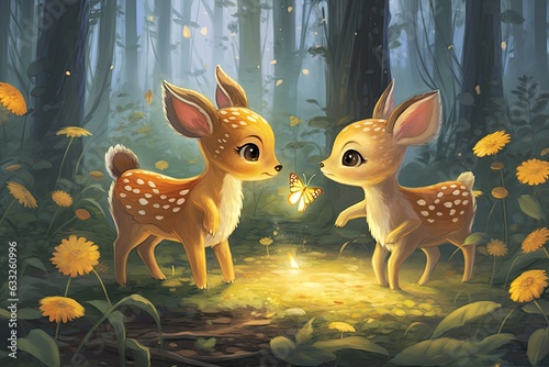 Enchanting Forest Adventures: Playful Baby Animals Frolicking, Chasing Fireflies, and Sharing Smiles, generative AI