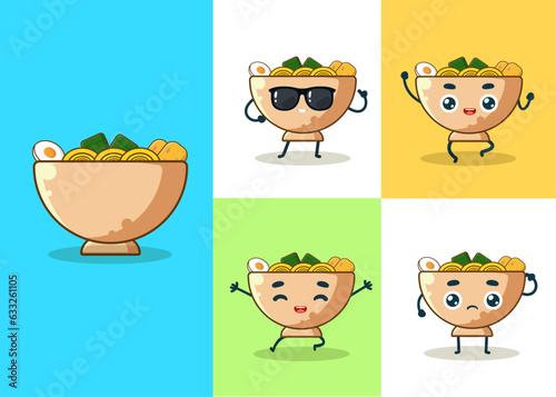 cute character ramen in a bowl with 4 expressions