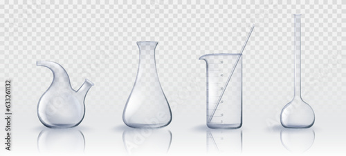 3d chemistry laboratory test glass beaker realistic vector. Lab clear glassware science tube equipment set on transparent background. Empty measuring bottle and chemical container collection