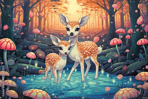 Whimsical Woodland Creatures: Cute Animal Drawings in a Magical Forest, Frolicking Amongst Mushrooms and Sparkling Streams, Their Playful Spirits Infectious, generative AI