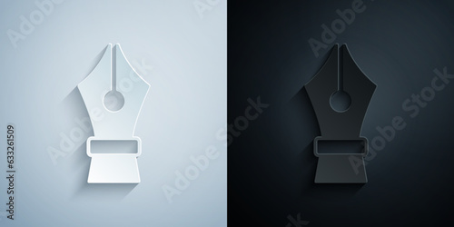 Paper cut Fountain pen nib icon isolated on grey and black background. Pen tool sign. Paper art style. Vector