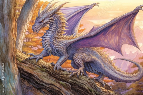 Enchanted Realms: Dragons Soaring Through a Mystical Landscape with Gleaming Scales in Shimmering Shades of Gold and Silver, generative AI