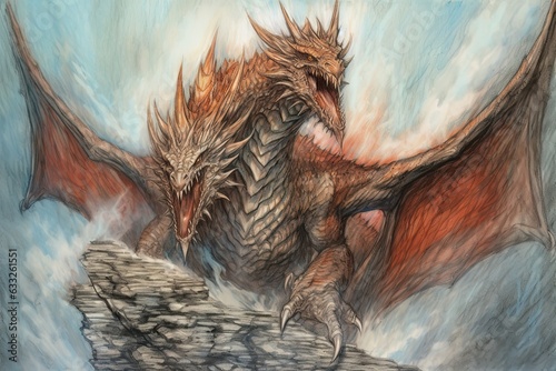 Fiery Dragon Sketch: Mighty Form Engulfed in Roaring Flames atop Towering Cliff, generative AI