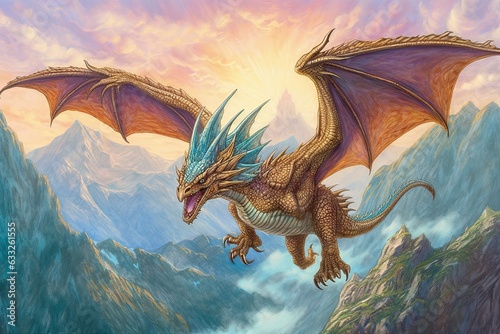 Majestic Dragon Guardian: Soaring Amidst Towering Mountains, Watching over the Realm - Dragon Drawings, generative AI