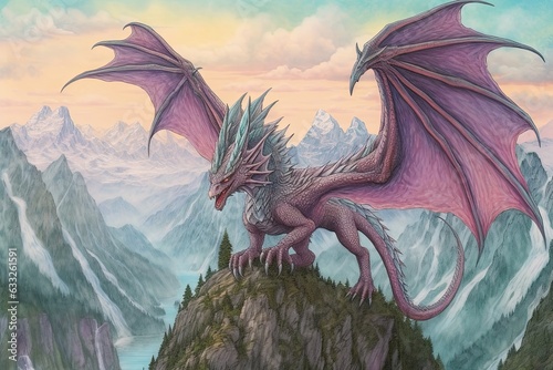Dragon Drawings: Majestic Guardian Soaring Amidst Towering Mountains, Watching over the Realm, generative AI