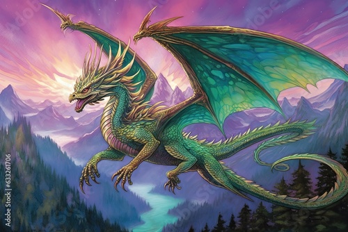Majestic Dragon Soaring Across a Mythical Landscape: Glowing Emerald and Amethyst Scales in Stunning Dragon Drawings, generative AI © Trista