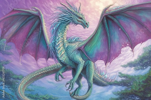 Majestic Dragon Drawings: Soaring Across a Mythical Realm with Gleaming Emerald and Amethyst Scales, generative AI