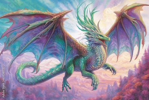 Mythical Realm's Majestic Dragon: Soaring with Iridescent Scales of Emerald and Amethyst in Gleaming Dragon Drawings, generative AI