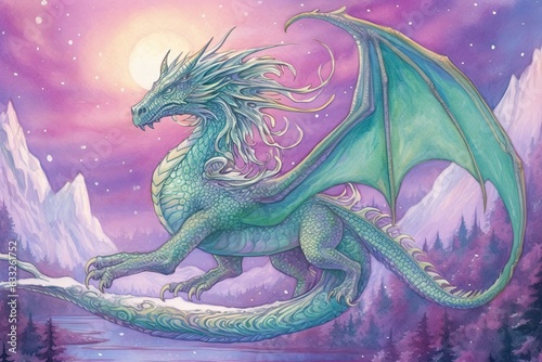 Majestic Dragon Drawings: Soaring Across a Mythical Landscape with Glowing Emerald and Amethyst Scales, generative AI
