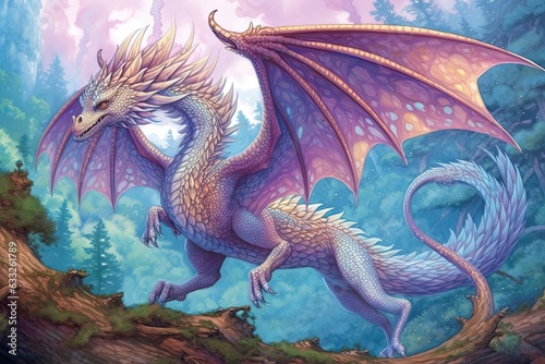 Majestic Dragon Soaring: Vibrant Dragon Drawings in Azure and Amethyst Shades, generative AI