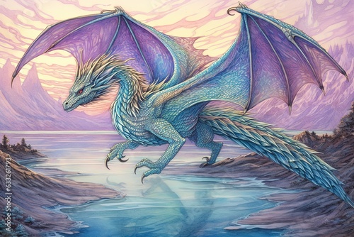 Majestic Dragon Drawings: Soaring Across a Mythical Landscape with Gleaming Azure and Amethyst Scales, generative AI
