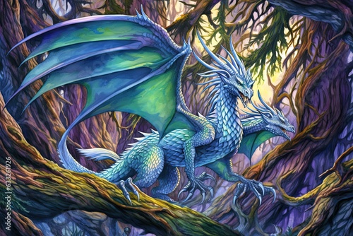 Emerald and Sapphire Prismatic Dragon: Majestic Soaring through Ancient Forest, generative AI