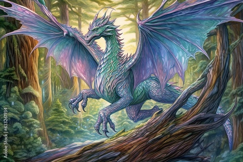 Emerald and Sapphire: Majestic Dragon Soaring through an Ancient Forest with Prismatic Scales, generative AI