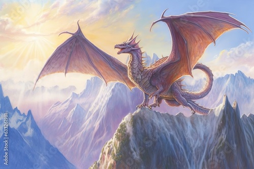 Mighty Dragon Soaring Above Towering Mountains: Captivating Dragon Drawings with Gleaming Scales, generative AI