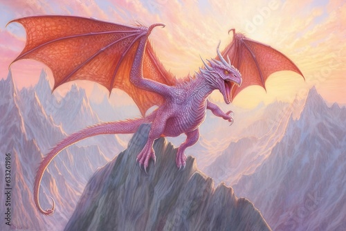Soaring Above Towering Mountains: Mighty Dragon Drawings with Gleaming Sunlit Scales, generative AI