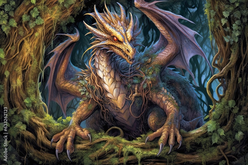 Fototapeta premium Mystical Guardians: Ancient Dragons Coiled Around an Enchanted Forest - Powerful and Wise with Gleaming Eyes, generative AI