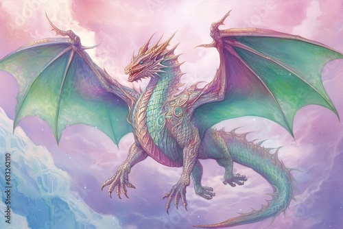 Mighty Dragon Drawings: Soaring Across a Mystical Realm with Glistening Scales in Emerald and Amethyst Shades, generative AI