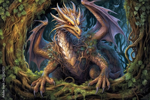Mystical Guardians: Ancient Dragons Coiled Around an Enchanted Forest - Powerful and Wise with Gleaming Eyes, generative AI © Trista