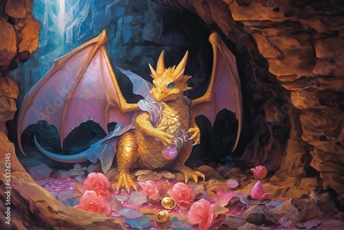 Hidden Cave's Mystical Dragon Guardian: Protecting a Treasure Trove with Stunning Dragon Drawings, generative AI
