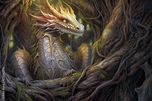 Mystical Guardians: Ancient Dragons Coiled Around an Enchanted Forest - Powerful and Wise, Their Eyes Gleaming with Wisdom, generative AI
