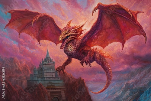 Fiery Shades of Crimson: Mythical Dragon Soaring Over an Ancient Castle in Stunning Drawings, generative AI