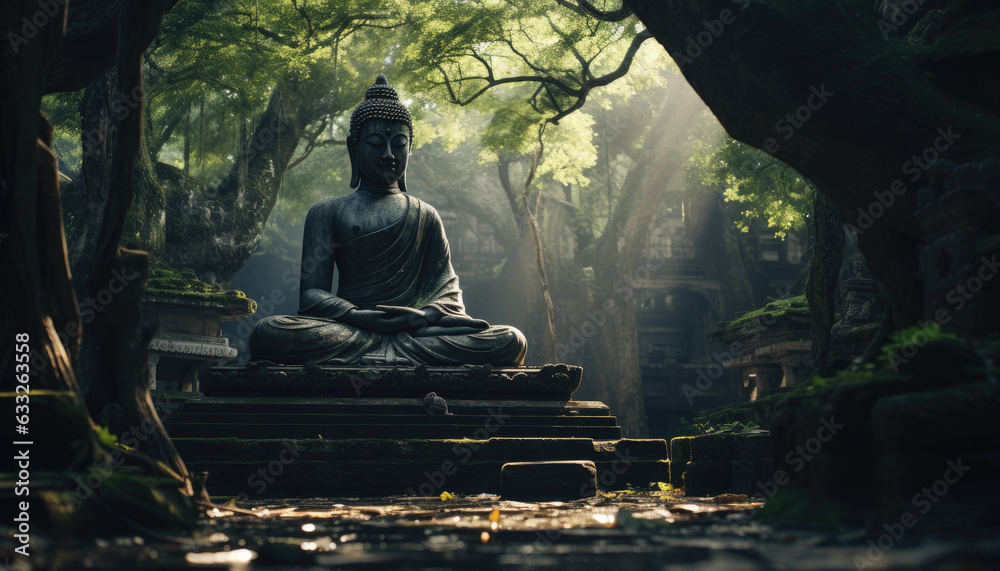 Buddha statue is sitting under a large tree. The deep forest has a peaceful atmosphere.