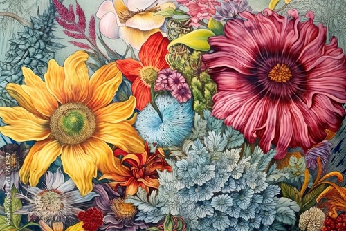 Wallpaper Mural A Botanical Symphony in Ink: Intricate Floral Patterns Blooming in a Harmonious Display of Colors, generative AI Torontodigital.ca